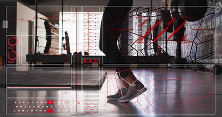 Showing legs wearing leggings and gray shoes in fitness studio with bench, squat rack, AR overlays