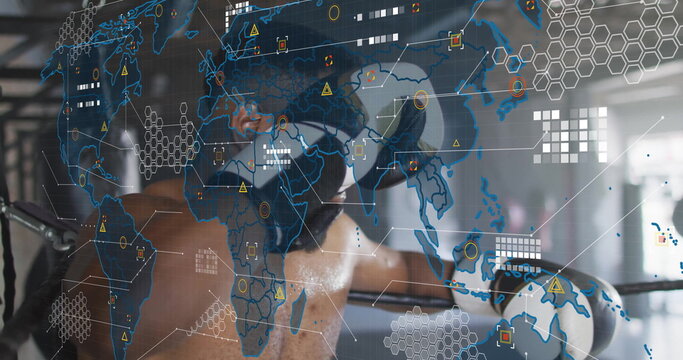 Throwing punch shirtless athlete wearing VR headset and gloves inside boxing ring, with map overlay - Powered by Adobe