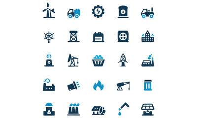 Energy and Industry Icons Power Plant, Renewable, Oil, Factory, and Industrial Vector Set