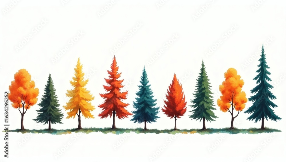 Poster a row of colorful trees against a plain backdrop, representing diversity and nature's vibrant palett