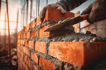 A bricklayer expertly places a brick, applying mortar