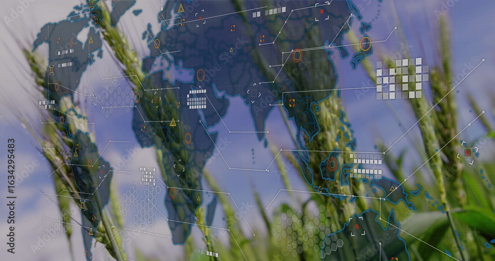 Poster displaying green wheat stalks overlaying world map with hex grids in field with icons and lines