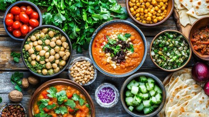 Fototapeta premium Vibrant and Fresh Plant-Based Dishes Spread on Wooden Table