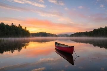 Calm water of the lake reflects the vibrant hues of the sunrise over the mountains, with a lone wooden boat at the shore