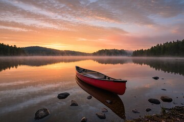 Calm water of the lake reflects the vibrant hues of the sunrise over the mountains, with a lone wooden boat at the shore