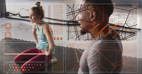 Workout partners stretching and observing in gym studio, with translucent HUD data and battle ropes
