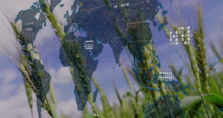 Displaying green wheat stalks overlaying world map with hex grids in field with icons and lines