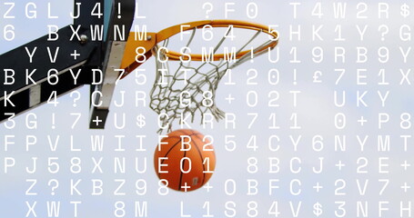 Passing orange basketball through metal hoop at playground, with white net and backboard edge