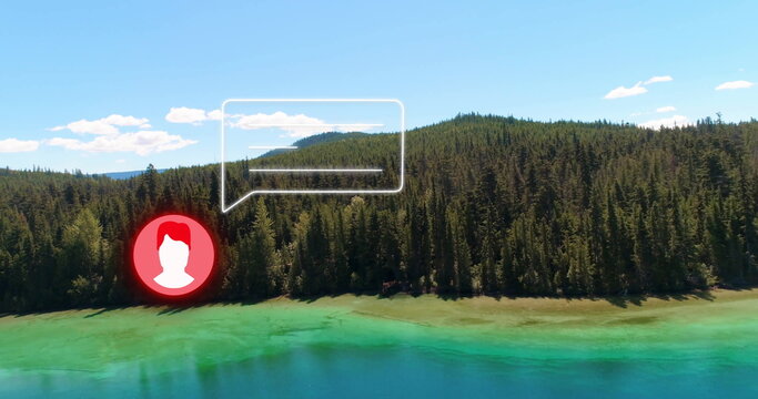 Fototapeta Floating red circular avatar icon overlaying lakeside forest with clear chat bubble, copy space