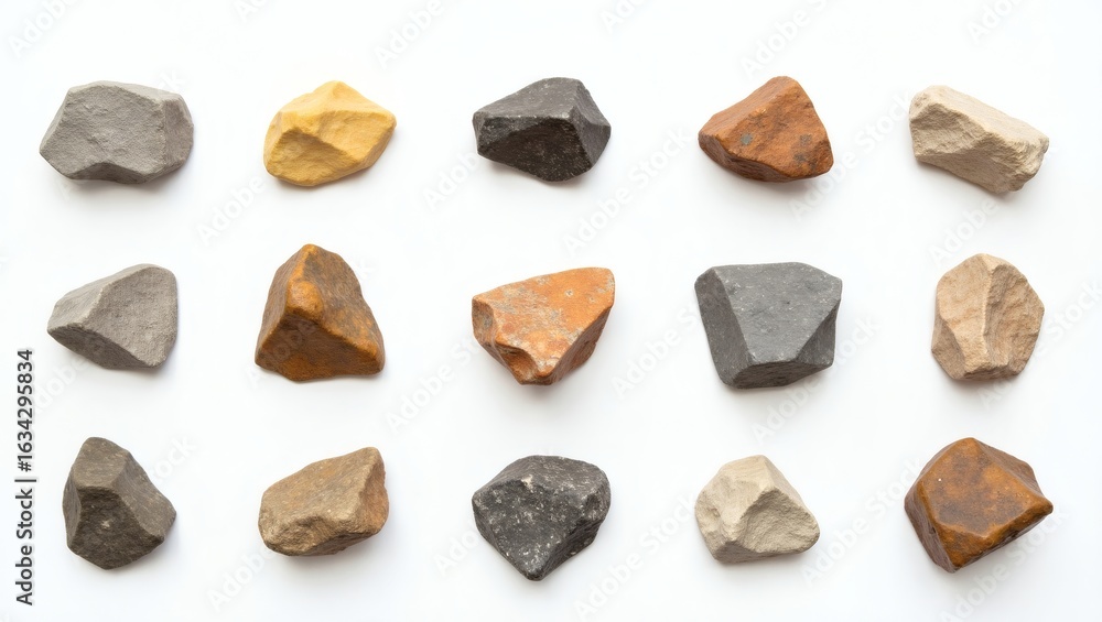 Poster a collection of various stones of different shapes and colors arranged in a grid pattern