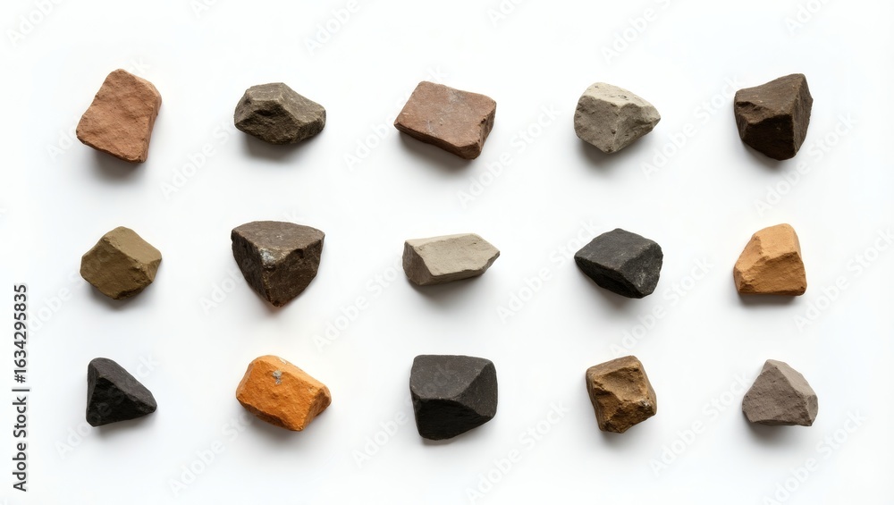 Poster a collection of various stones, each with a unique shape and texture, arranged in a grid pattern