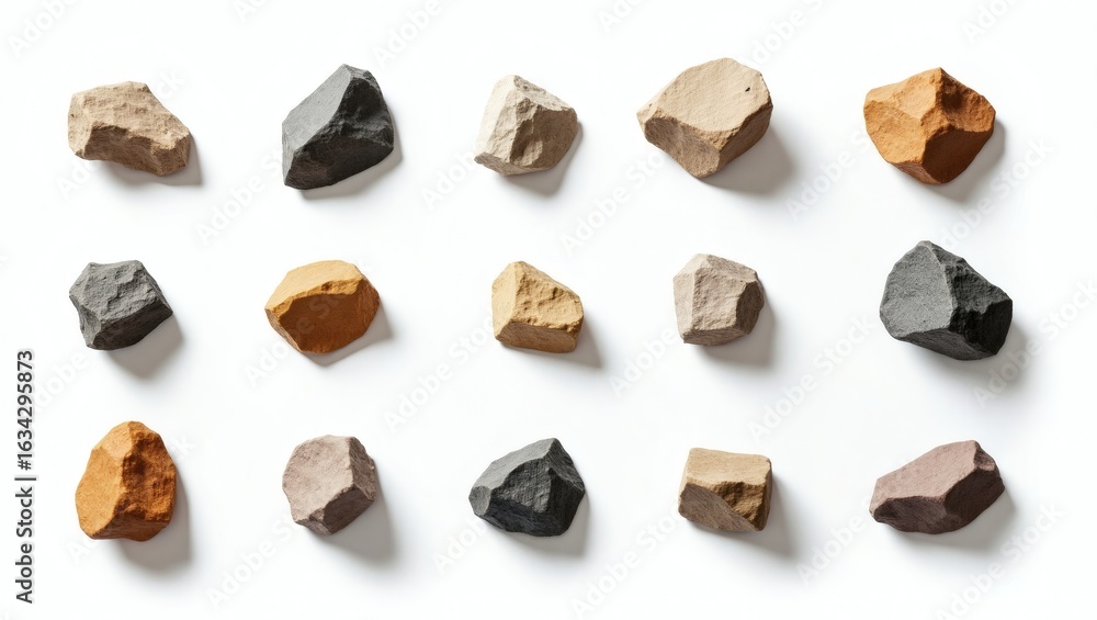 Poster a collection of various stones with unique shapes and textures. they vary in color from brown to gre