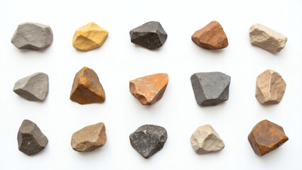 a collection of various stones of different shapes and colors arranged in a grid pattern