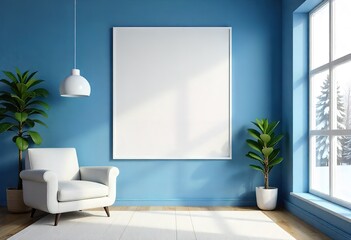 blank-white-poster-on-a-wall-in-a-modern-blue  in Living Room