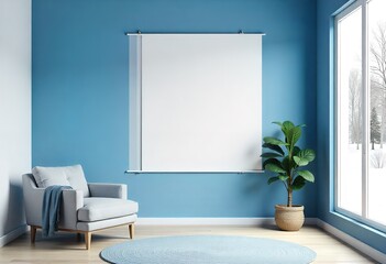 blank-white-poster-on-a-wall-in-a-modern-blue  in Living Room