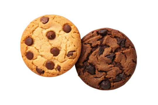Two chocolate chip cookies isolated on transparent background