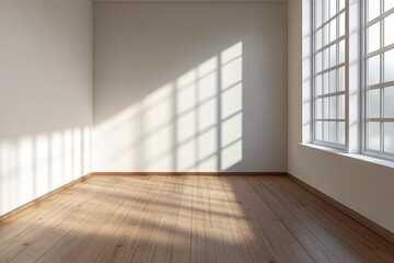 Obraz premium Minimalist empty room with wooden floor and large windows casting soft natural light and shadows on neutral walls
