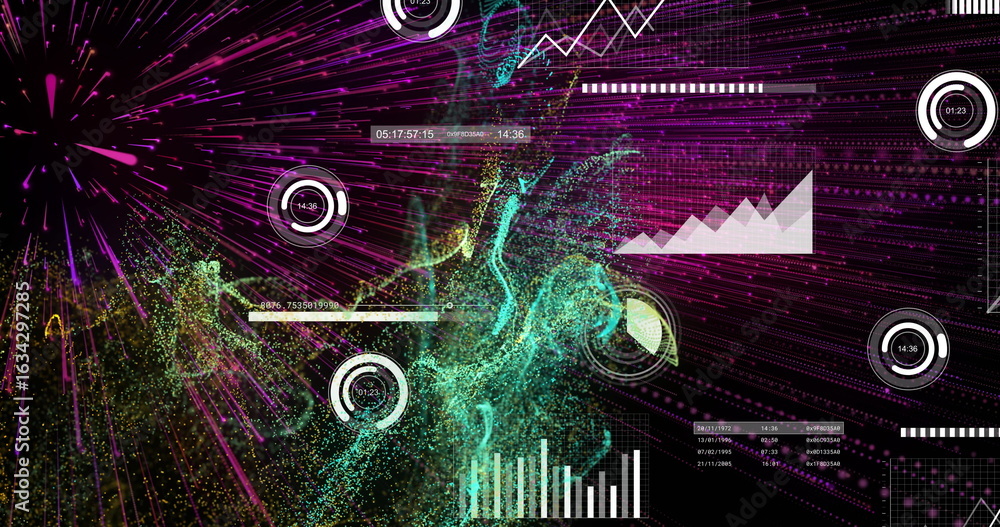 Aufkleber swirling particle cloud forming in digital interface, with gauge dials, bar chart, numeric readout