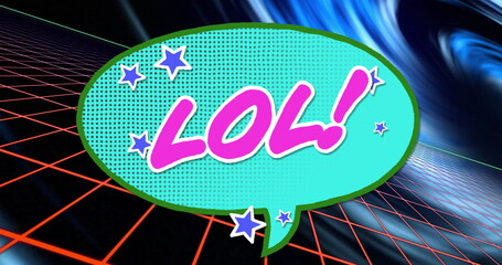 Floating teal speech bubble showing LOL! over neon grid in digital vortex space, with star decals
