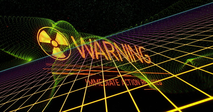 Showing radiation hazard symbol on neon grid with waveform and WARNING: IMMEDIATE ACTION REQUIRED - Powered by Adobe
