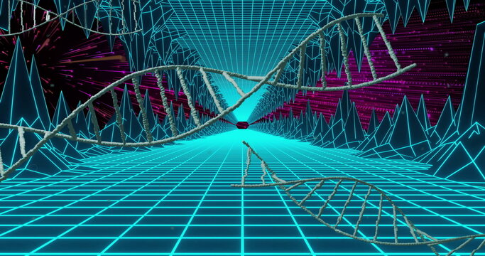Floating upper DNA helix spiraling through neon virtual tunnel, with cyan grid and red rectangle