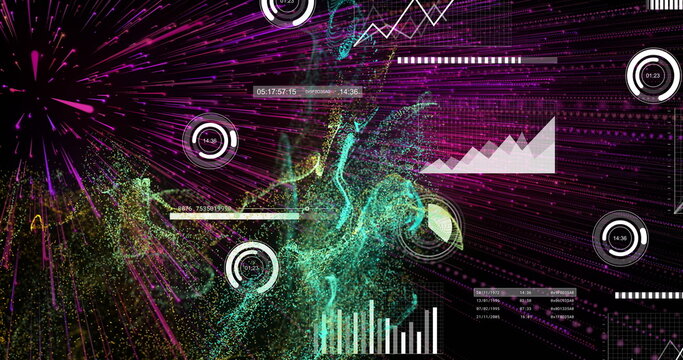 Swirling particle cloud forming in digital interface, with gauge dials, bar chart, numeric readout
