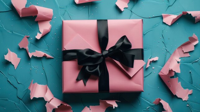 Delicate unwrapping: A pristine pink present adorned with torn paper for a creative touch