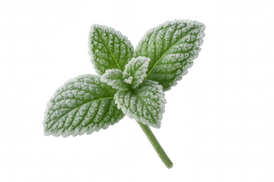Fresh mint leaves covered with frost on a transparent background, perfect for winter or holiday-themed designs