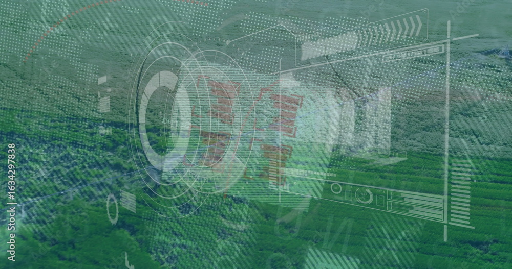 Poster hovering interface hud elements overlaying farmland in aerial view, targeting rings and data graphs