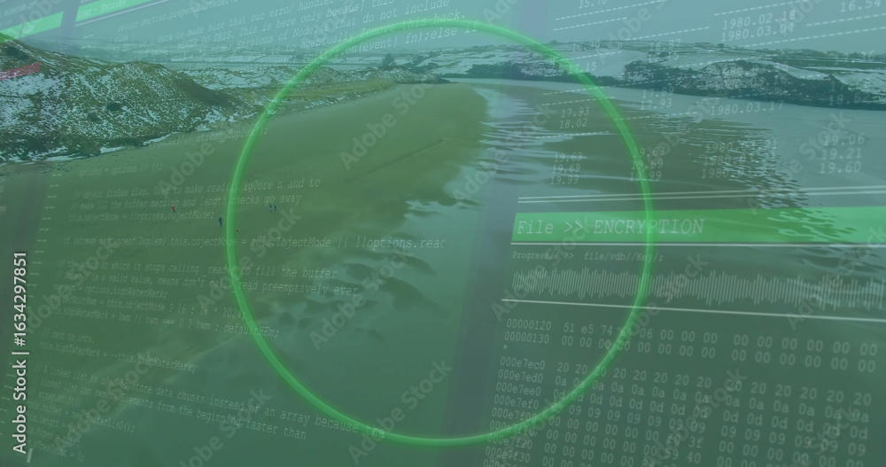 Poster overlaying green hud highlighting file encryption panel over beach, with code, hex, waveform