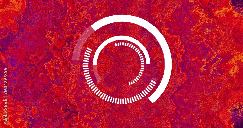 Poster showing white circular progress indicator in digital design, with marbled red and purple background