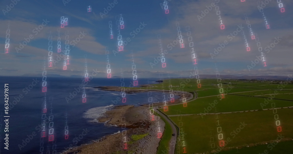 Poster displaying winding paved coastal road hugging shoreline above farmland, with binary code overlay