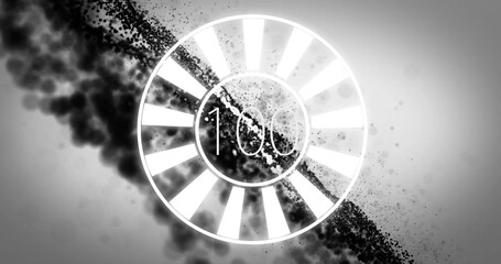 Displaying circular countdown timer at 100 in digital art, with segmented rings, black smoke cloud