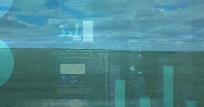 Fototapeta Displaying grassland plain stretching to cloudy sky, with clear bar, line and pie chart overlays