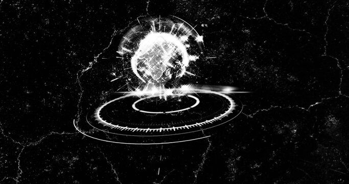 Naklejki Hovering holographic Earth globe displaying rings in grunge digital interface with glitch effects