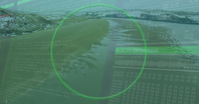 Overlaying green HUD highlighting File  ENCRYPTION panel over beach, with code, hex, waveform