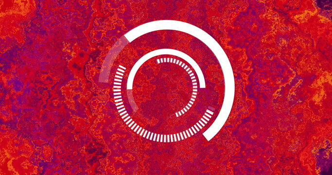 Showing white circular progress indicator in digital design, with marbled red and purple background