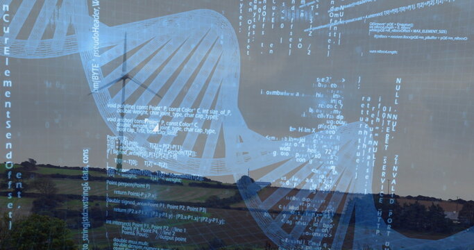 Fototapeta Spanning digital DNA helix graphic above rural grassy hills with scattered trees, with code streams