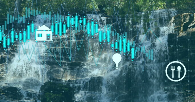 Falls flowing over mossy ledges in woods with financial graphs and house, lightbulb, dining icons - Powered by Adobe