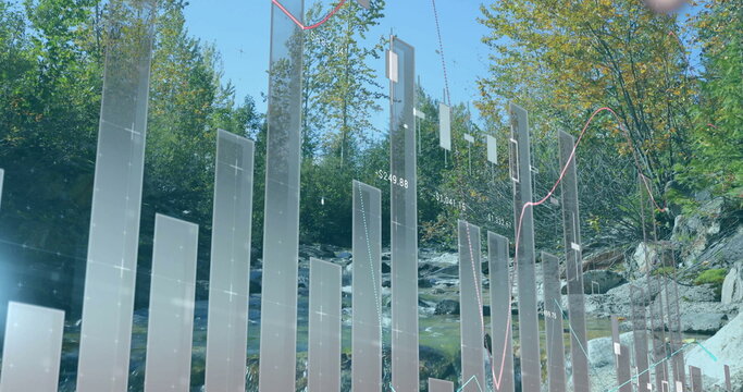 Displaying transparent financial bar charts and line graphs over mountain stream, with data labels