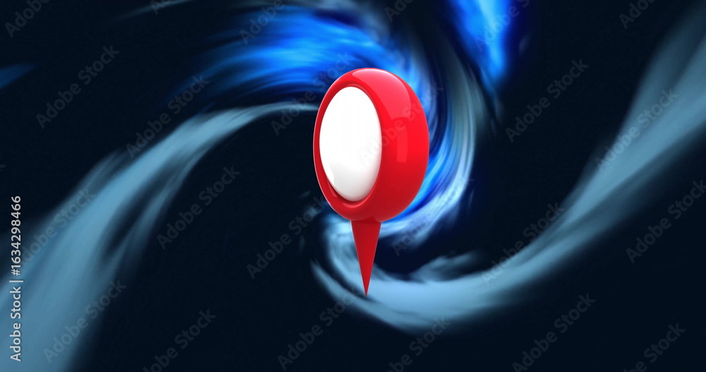 Poster hovering red 3d map pin marker floating in digital environment, with swirling blue-black vortex