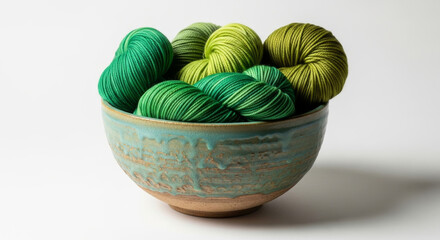 Artistic ceramic bowl filled with green yarn on a solid white background