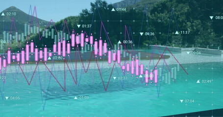 Displaying resort swimming pool reflecting forested hills, with ladder and financial chart overlays