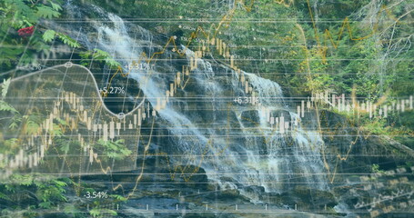 Fototapeta premium Cascading waterfall flowing over mossy rocks in forest, with candlestick and line graph overlays