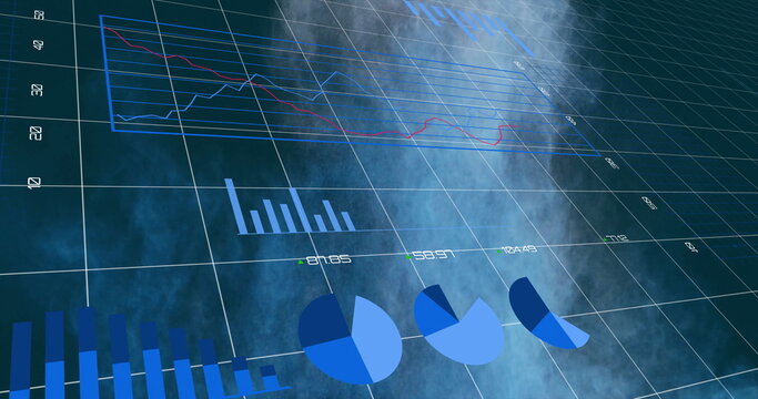 3D visualization presenting wireframe line, bar and pie charts in teal grid, with labels and mist