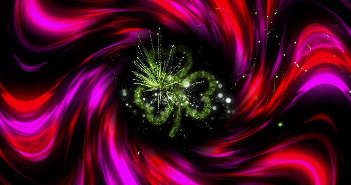 Glowing neon green shamrock radiating sparkles in black void, with magenta and crimson ribbons