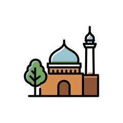 A charming mosque icon with a blue dome, tall minaret, and green tree—where peace meets prayer in a blend of faith, nature, and timeless architecture.