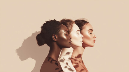 Three women of diverse ethnicities are side by side, creating a beautiful display of unity and skin textures.
