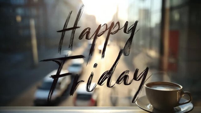 Happy Friday hand lettered on blurry glass with warm city light bokeh