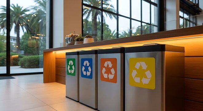 Recycling bins with colorful symbols waste management